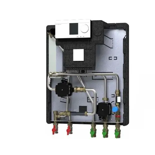 Durchlauferhitzer mit einer Steuerungseinheit. Sichtbare Rohrleitungen und Ventile, alle in einem Gehäuse montiert. Produkt von Danfoss.